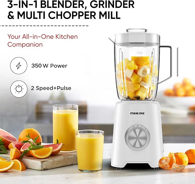 Nikai 3-in-1 Blender with 3 Jars, 1.5 Ltr Liquid Jar, 1 Coffee Grinder & 1 Meat Mincer, 2 Speeds, Stainless Blades, Unbreakable Jar, Perfect for Dry & Wet Fine Grinding, Mixing & Juicing-NB1900NA1