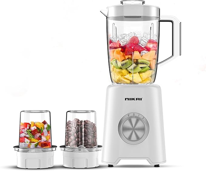 Nikai 3-in-1 Blender with 3 Jars, 1.5 Ltr Liquid Jar, 1 Coffee Grinder & 1 Meat Mincer, 2 Speeds, Stainless Blades, Unbreakable Jar, Perfect for Dry & Wet Fine Grinding, Mixing & Juicing-NB1900NA1