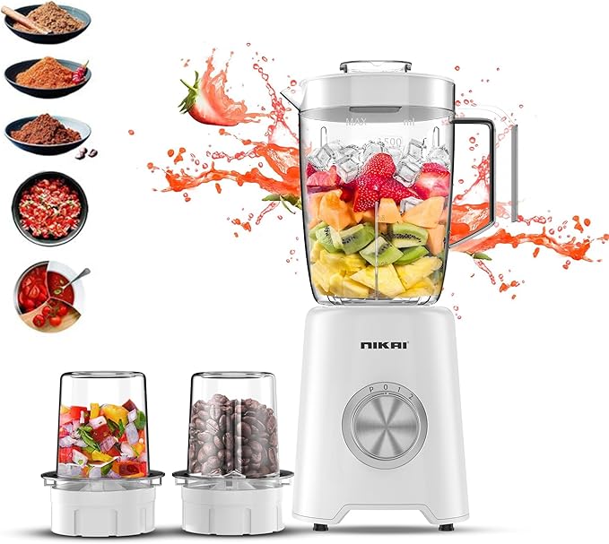 Nikai 3-in-1 Blender with 3 Jars, 1.5 Ltr Liquid Jar, 1 Coffee Grinder & 1 Meat Mincer, 2 Speeds, Stainless Blades, Unbreakable Jar, Perfect for Dry & Wet Fine Grinding, Mixing & Juicing-NB1900NA1