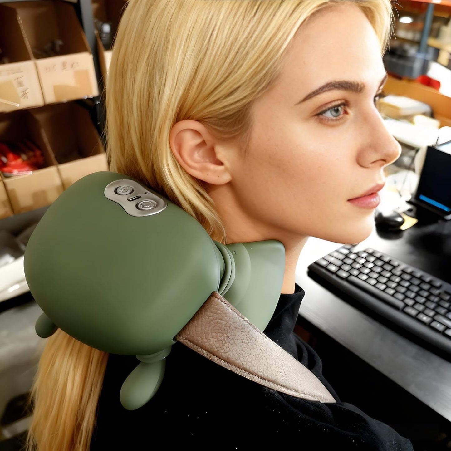 Bionic Heated Massager, Green, Portable Shiatsu Neck and Back | Electric Deep Tissue 4D Kneading, Simulated Human Hand Design, Pain Relief and Muscle Relax